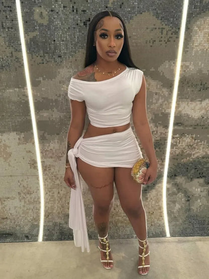 Sexy Summer Two-Piece Set for Women – Pleated Crop Tank Top & Ribbons Mini Skirt | 2025 Beach Holiday Outfit