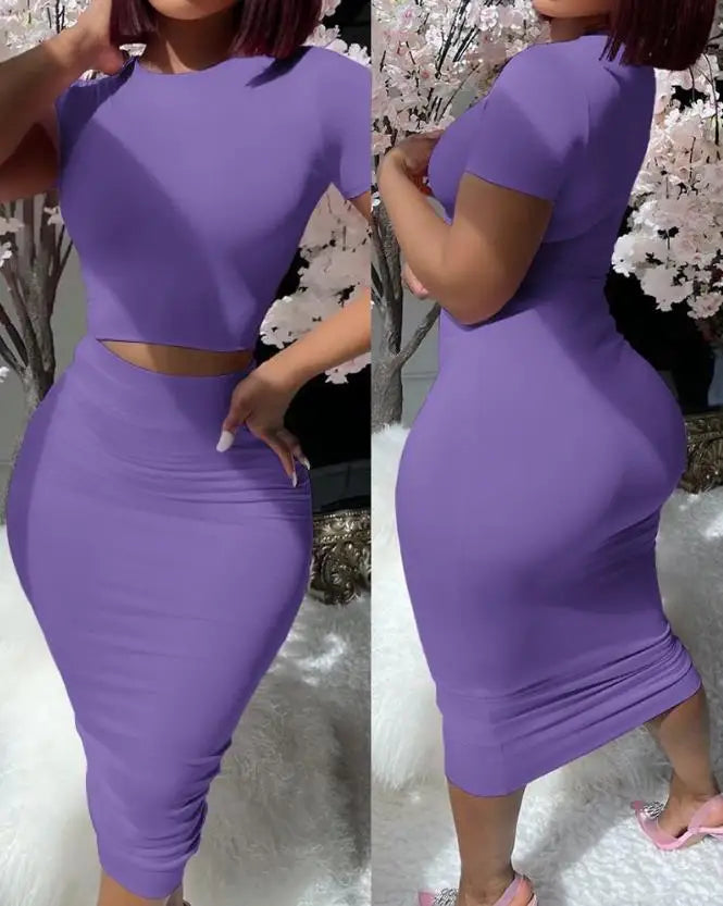 Soft & Beautiful Two Piece Sets Elegant Sexy Outfit Short Sleeve Top & High Waist Skirt Set New Fashion