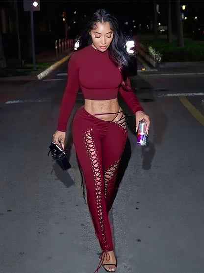 Pretty but Fierce Female Sexy 2 Piece Set Woman o-Neck Navel Exposed Tops+ Long Pants Street Fashion Outfits Multi Colors