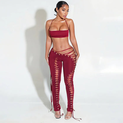 Women Solid Grommet Lace Up 2 Piece Set Halter Camisole Crop Tops + Shirring Hollow Skinny Pants Clubwear Suit Streetwear