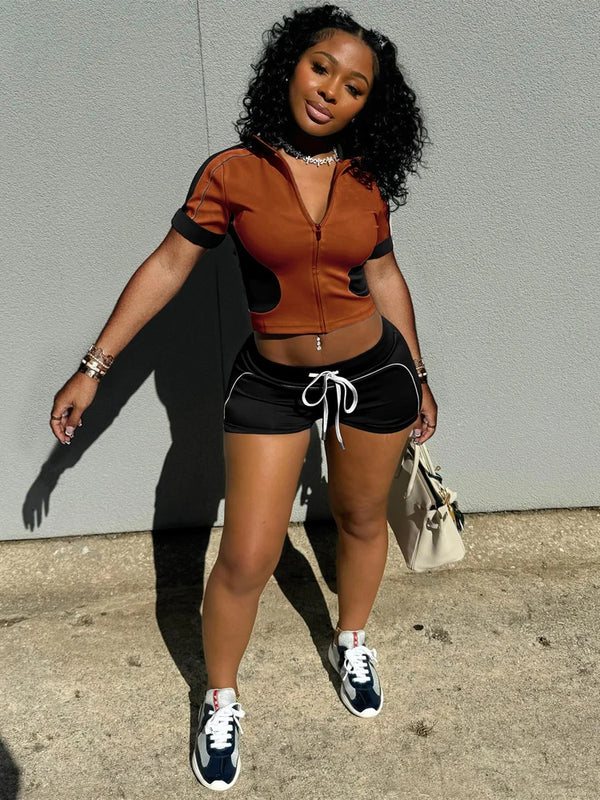 Women’s Summer Streetwear 2-Piece Set – Slim Panelled Crop Top &amp; Shorts ☀️✨