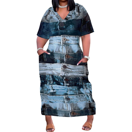 🔥 Women’s Thick & Sexy Plus-Size Denim 3D Print Maxi Dress – Casual Soft T-Shirt Dress