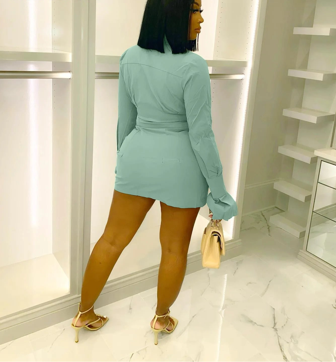 Single-Breasted Lapel Shirt Dress — A-Line Bodycon Long-Sleeve Mini Dress