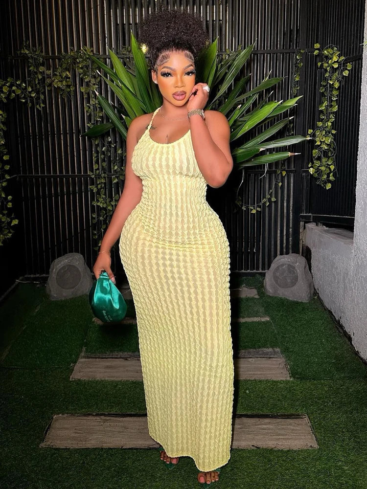 Kliou Solid Ruched Spaghetti Strap Bandage Maxi Dress Women Casual Sleeveless Backless Ladies Party Streetwear Dresses