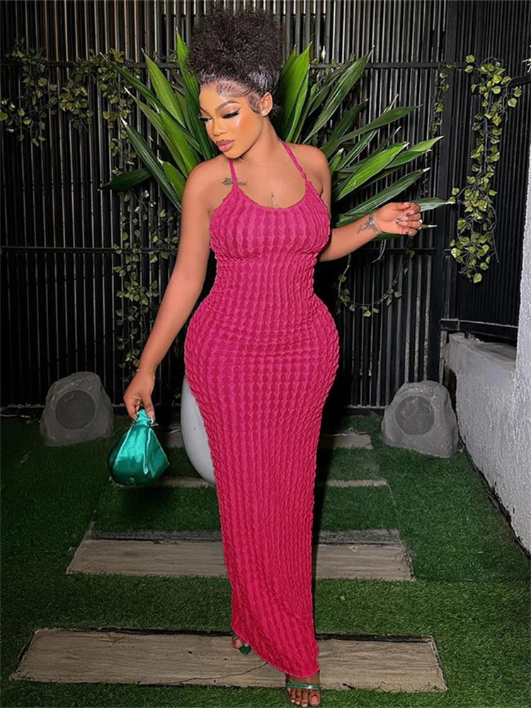 Kliou Solid Ruched Spaghetti Strap Bandage Maxi Dress Women Casual Sleeveless Backless Ladies Party Streetwear Dresses