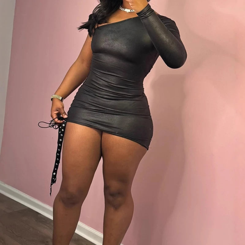 Diagonal Collar Cut-Out Dress – Long Sleeve Wrap Hip Mini