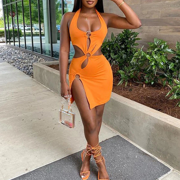 Body of a Goddess High Street Stretch Slim Hollow-Out Sexy Mini Dress – Elegant Orange Sleeveless Club Party Sundress 🍊🔥