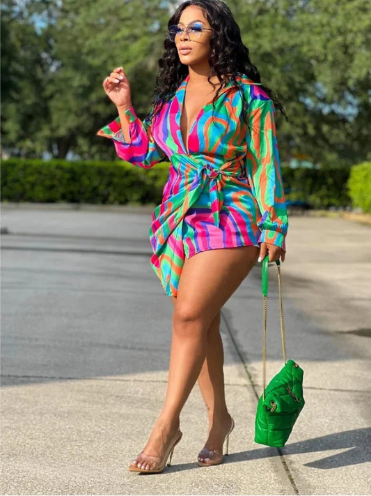 Elegant Satin Tie-Dye Wrap Mini Dress — Asymmetrical Lapel Long-Sleeve Shirt Dress