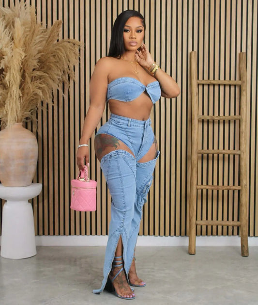 Sexy Hollow-Out Denim Two-Piece Set – Women’s Elegant Club Outfit | Matching Top & Jeans Pants