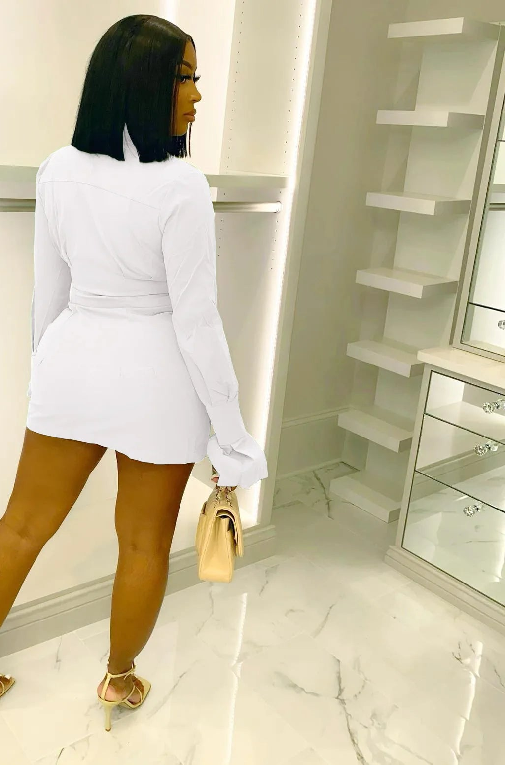 Single-Breasted Lapel Shirt Dress — A-Line Bodycon Long-Sleeve Mini Dress