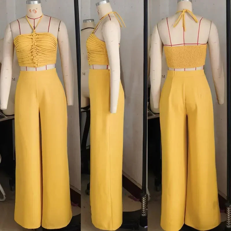 Sexy Night Club Outfits for Woman Two Piece Set Elegant Halter Backless Strapless Crop Top and Wide Leg Pants Matching Sets 2025