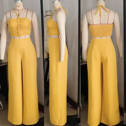 Sexy Night Club Outfits for Woman Two Piece Set Elegant Halter Backless Strapless Crop Top and Wide Leg Pants Matching Sets 2025