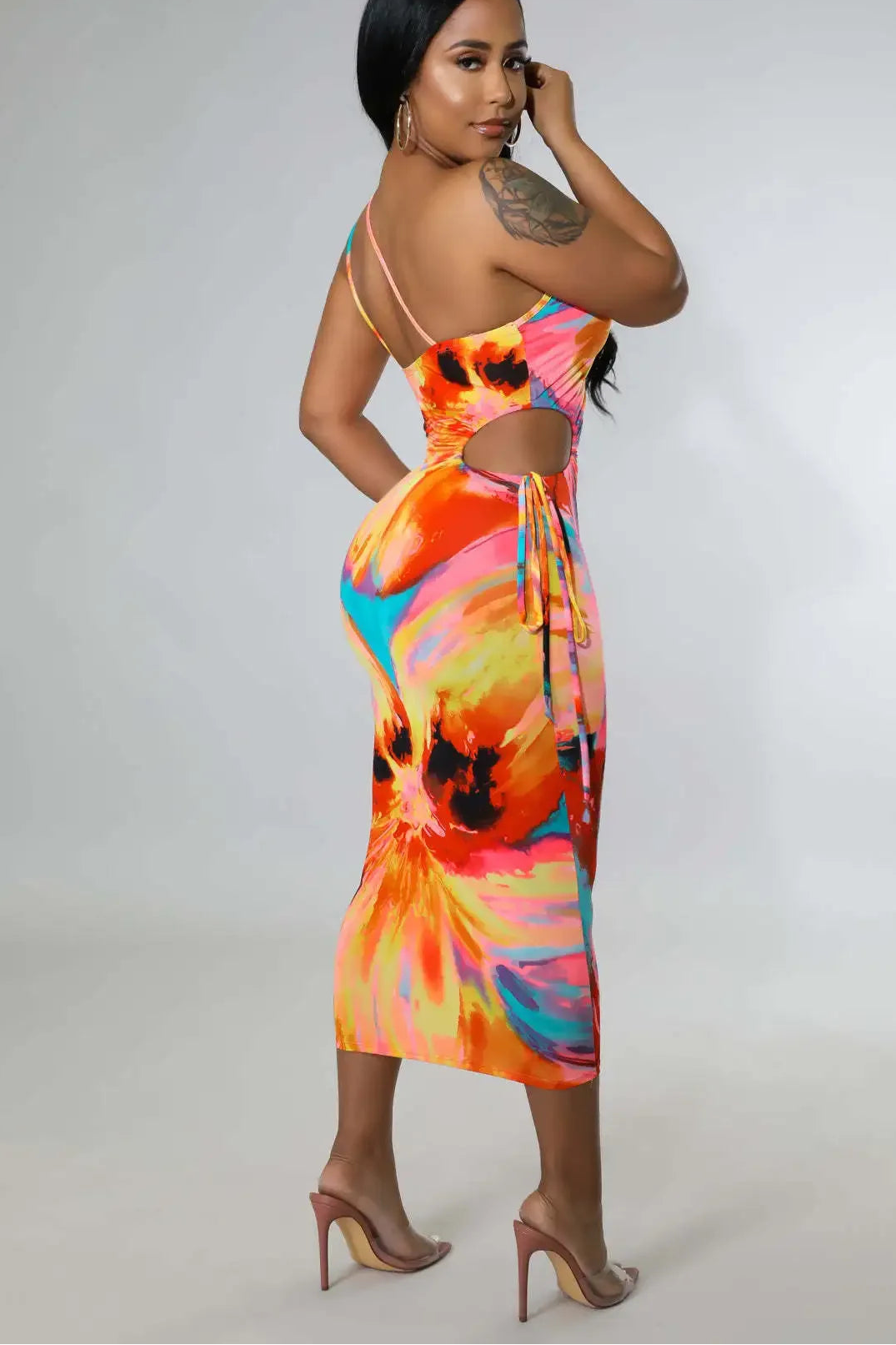 Color Passion Splashed Sexy Tie-Dye Bandage Midi Dress for Women – Spaghetti Strap Skew Neck Summer Party & Club Dress