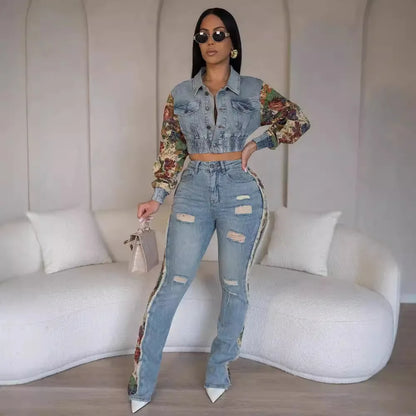Jeans Suit Women Denim Two Piece Set Short Coat Pants Outfits Hole Trousers Flower Print Turn Down Collar Autumn