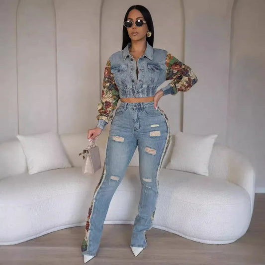 Jeans Suit Women Denim Two Piece Set Short Coat Pants Outfits Hole Trousers Flower Print Turn Down Collar Autumn
