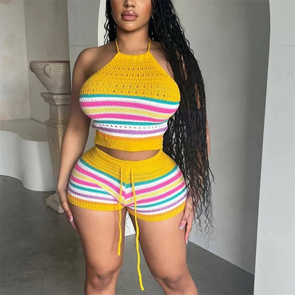 His Sexy Baby Momma Thick H hanging Neck Lace-up Sleeveless Backless Tops Female Casual Knitted Rainbow Stripes Two Piece Sets Slim Fit Shorts Multi Colors