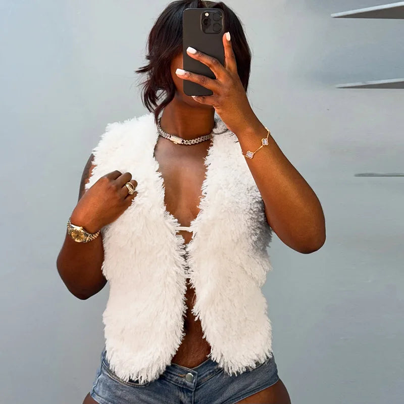 Sexy Women’s Fur Vest – Deep V-Neck Backless Bandage Top | 2025 Streetwear Fashion