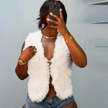 Sexy Women’s Fur Vest – Deep V-Neck Backless Bandage Top | 2025 Streetwear Fashion
