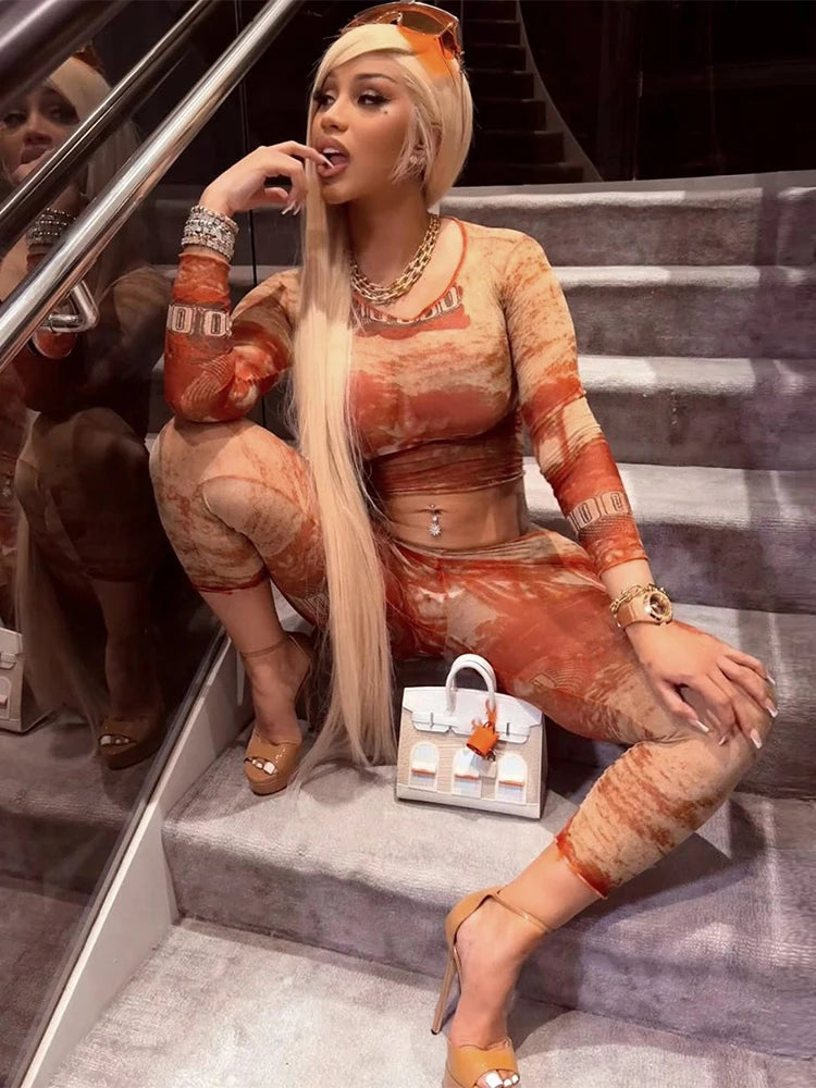 Cardi Red Sexy 2 Piece Set Sexy Print Coquette Crop Tops+Leggings Stretch Tight Clubwear