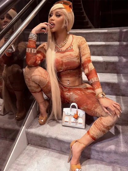 Cardi Red Sexy 2 Piece Set Sexy Print Coquette Crop Tops+Leggings Stretch Tight Clubwear