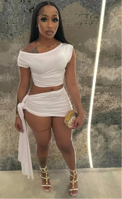 Sexy Summer Two-Piece Set for Women – Pleated Crop Tank Top & Ribbons Mini Skirt | 2025 Beach Holiday Outfit