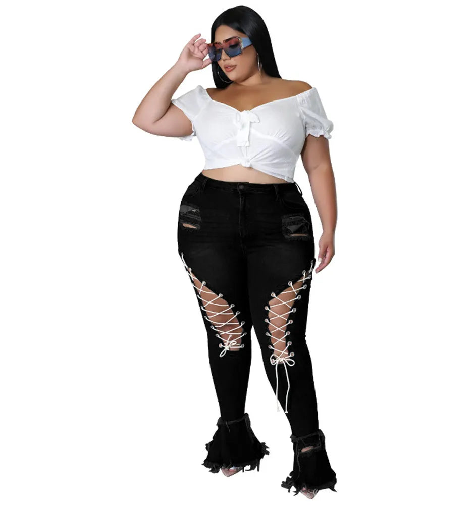 Thick & Sexy Plus Size Flared Jeans Women Bandage High Waist Tassel Hole Denim Ripped Bottom Stretch New Pants
