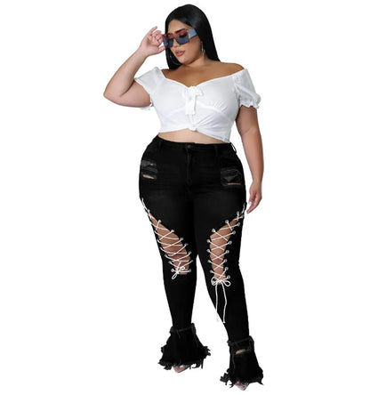 Thick & Sexy Plus Size Flared Jeans Women Bandage High Waist Tassel Hole Denim Ripped Bottom Stretch New Pants