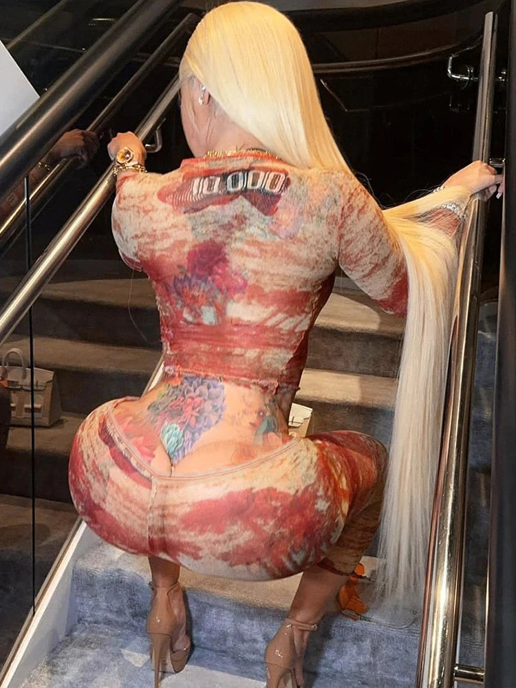 Cardi Red Sexy 2 Piece Set Sexy Print Coquette Crop Tops+Leggings Stretch Tight Clubwear