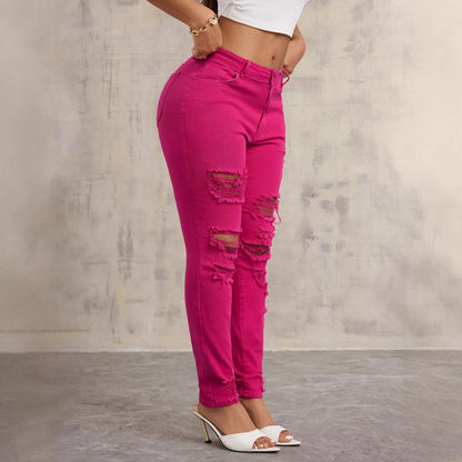 Autumn Rose Red Distressed Jeans – Body-Hugging Denim Pants
