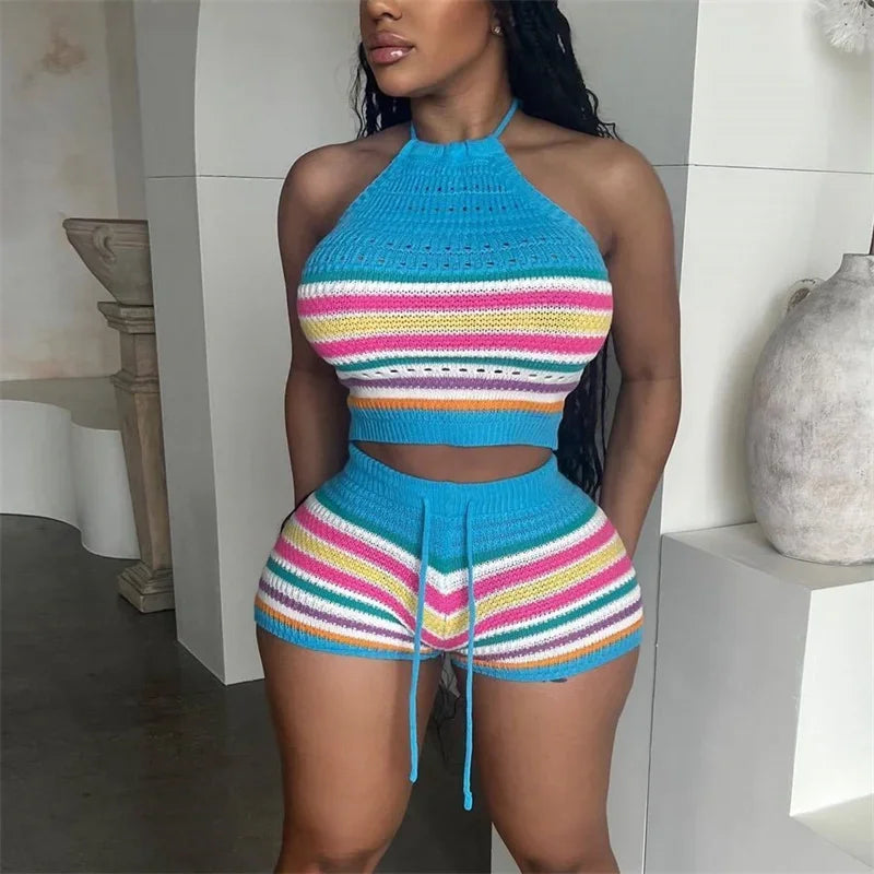 His Sexy Baby Momma Thick H hanging Neck Lace-up Sleeveless Backless Tops Female Casual Knitted Rainbow Stripes Two Piece Sets Slim Fit Shorts Multi Colors
