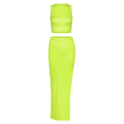🔥 Quick Sexy 2-Piece Outfit Set 🔥 Sleeveless Crop Tank Top + Wrapped Hip High-Slit Maxi Skirt