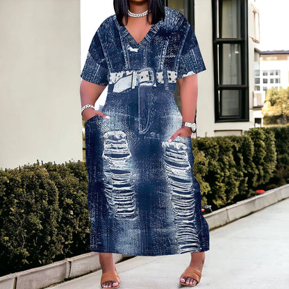 🔥 Women’s Thick & Sexy Plus-Size Denim 3D Print Maxi Dress – Casual Soft T-Shirt Dress