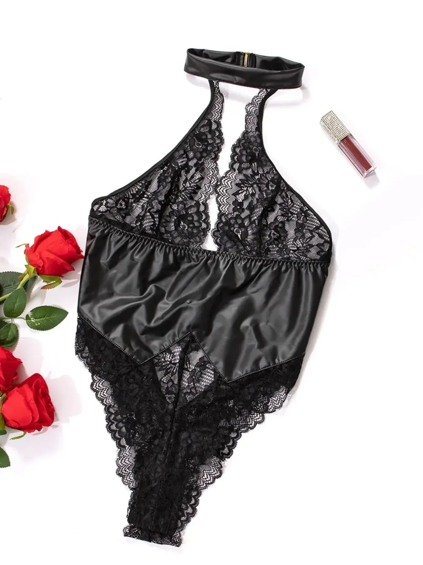 Natural Body Fit Black PU Leather Bodysuit – Halter Lace Backless Lingerie