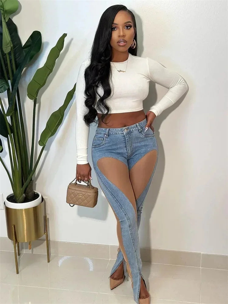 High-Waist Elastic Jeans – Women’s Casual Blue Denim Pants