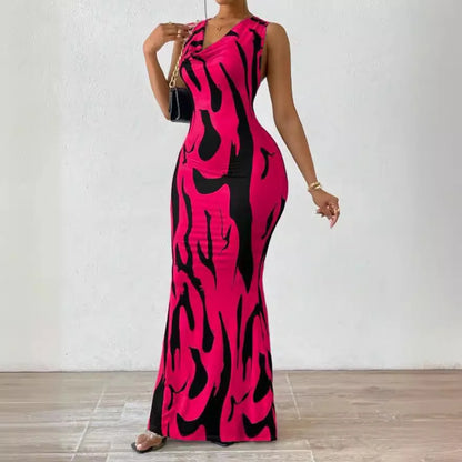 Women’s Printed Sleeveless Splice Slim Fit Midi Dress – Summer 2025 Collection 🌸