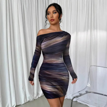 Sexy Pleated Long Sleeve Wrap Skirt Midi Dress for Women – Asymmetrical Collar 2025 Fashion Trend