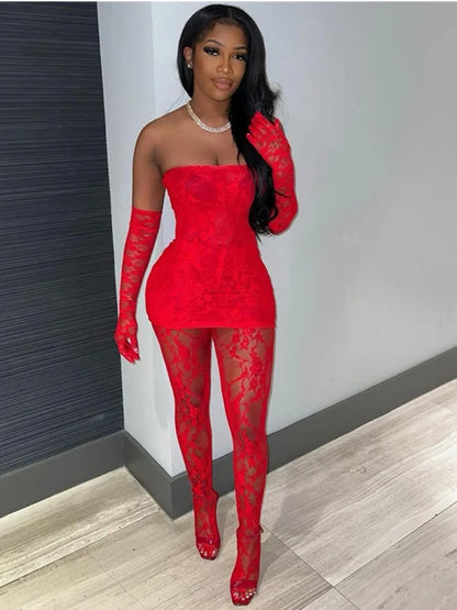 💘 Joskaa Holiday Valentine’s Lace Baddie Set – 3 Piece Sexy Outfit for Women w/ Gloves