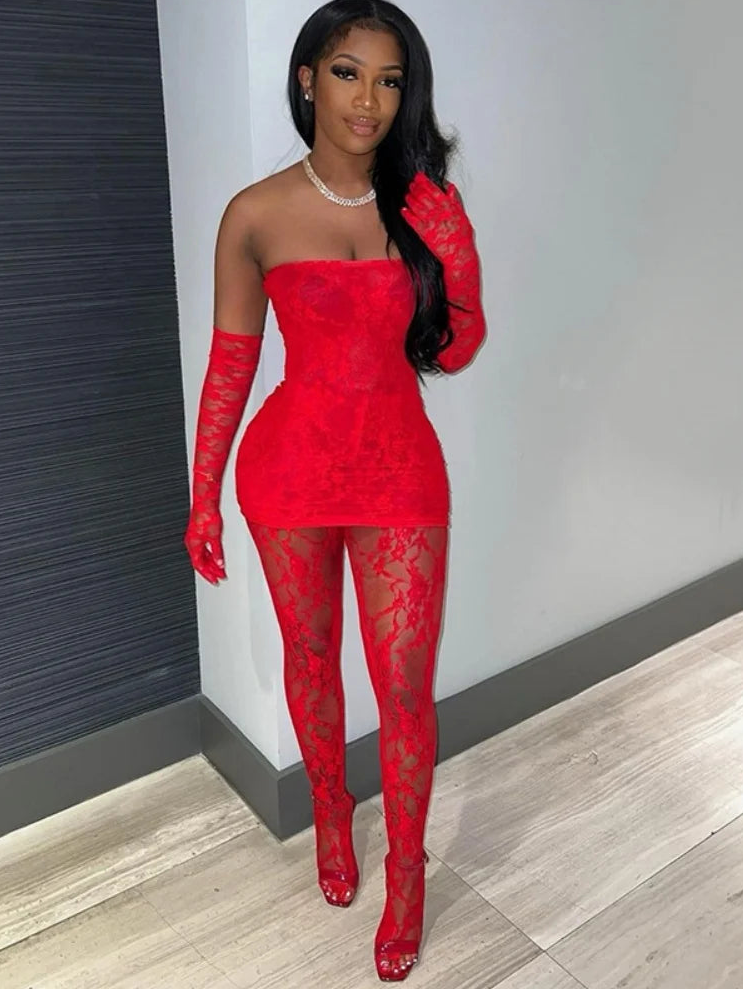 💘 Joskaa Holiday Valentine’s Lace Baddie Set – 3 Piece Sexy Outfit for Women w/ Gloves