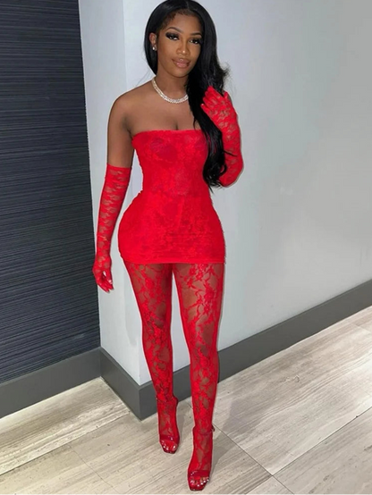 💘 Joskaa Holiday Valentine’s Lace Baddie Set – 3 Piece Sexy Outfit for Women w/ Gloves