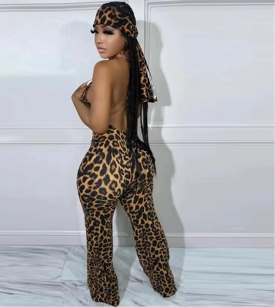 Sexy Leopard Print Jumpsuit for Women – Thin Strap Sleeveless V-Neck Wide-Leg Pants Playsuit with Scarf