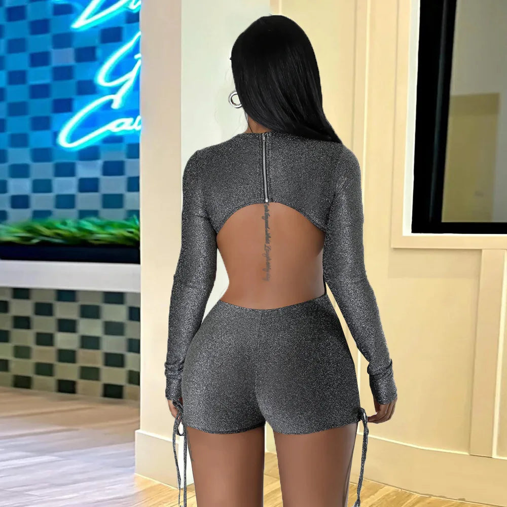 Women’s Zipper Patchwork Silk Playsuit – Sexy Hollow-Out Backless Romper with Full Sleeves