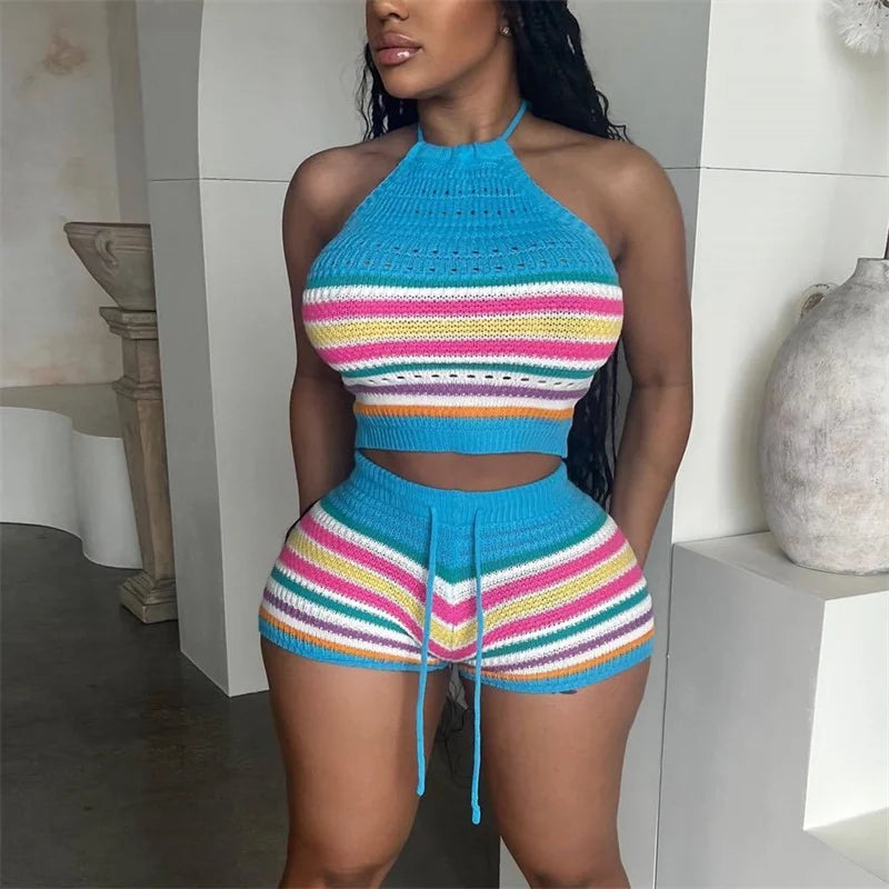 His Sexy Baby Momma Thick H hanging Neck Lace-up Sleeveless Backless Tops Female Casual Knitted Rainbow Stripes Two Piece Sets Slim Fit Shorts Multi Colors