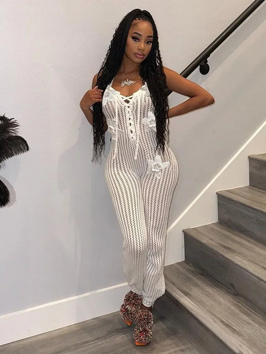 Every Man Desires Her Knitted Backless Jumpsuit – Women’s Lace-Up Halter Flower Appliqué Sleeveless Overalls 🌸💋