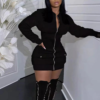 Fashion Long Sleeve Zipper Black Mini Dress Women 2025 Autumn Winter Sexy Body Dresses For Women