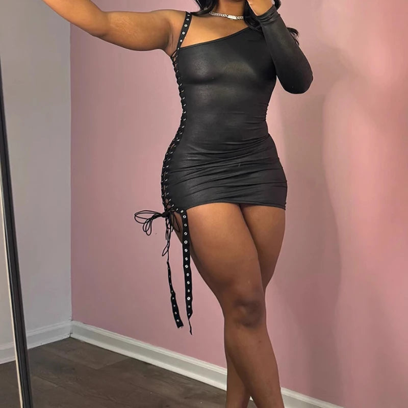 Diagonal Collar Cut-Out Dress – Long Sleeve Wrap Hip Mini