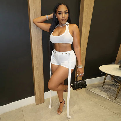 Square-Neck Tank & Ribbon Shorts Set – Metal Buckle 2-Piece Outfit