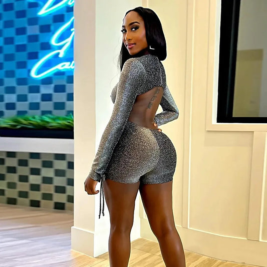 Women’s Zipper Patchwork Silk Playsuit – Sexy Hollow-Out Backless Romper with Full Sleeves