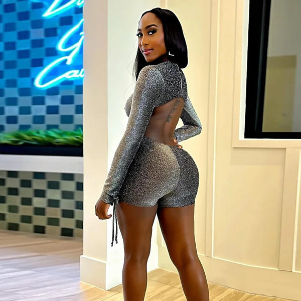 Women’s Zipper Patchwork Silk Playsuit – Sexy Hollow-Out Backless Romper with Full Sleeves