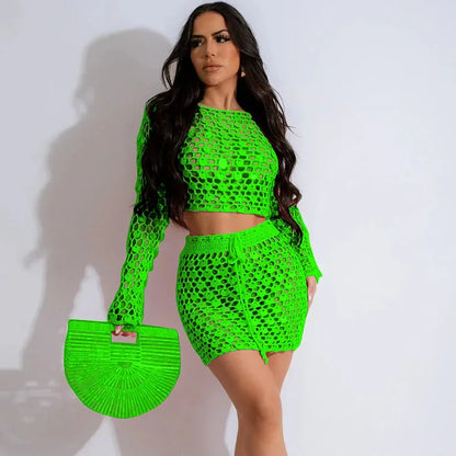 Sexy Hollow Out See-Through Crochet Skirt Set for Women – Sequined 2-Piece Beachwear, Crop Top & Mini Skirt Outfit