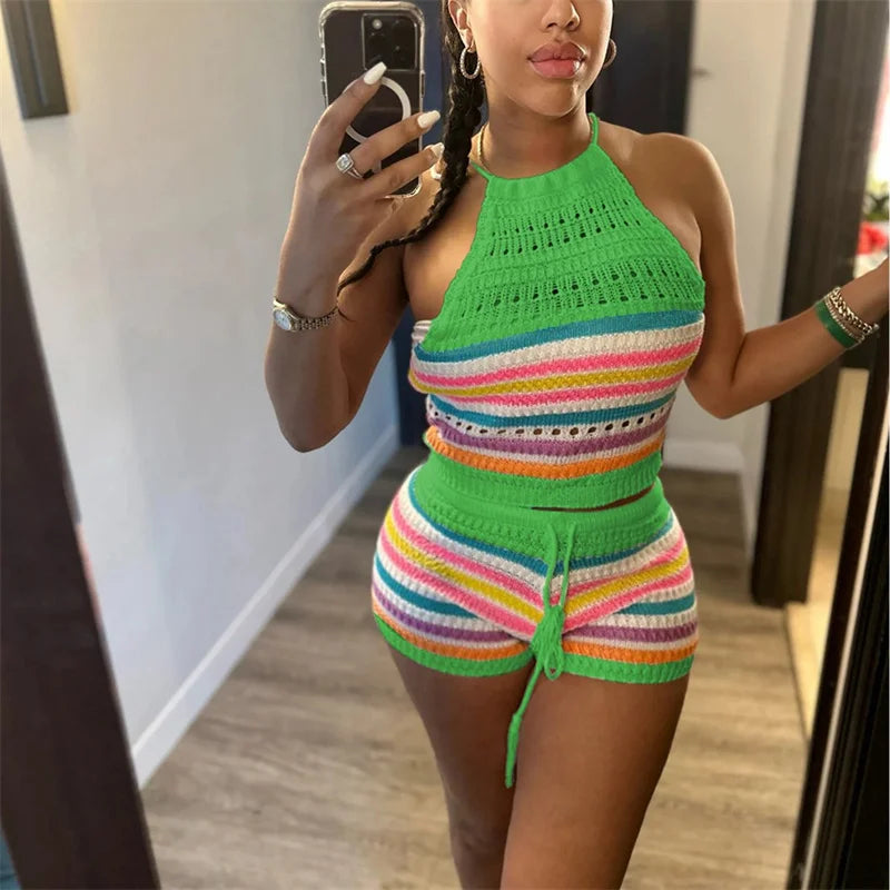 His Sexy Baby Momma Thick H hanging Neck Lace-up Sleeveless Backless Tops Female Casual Knitted Rainbow Stripes Two Piece Sets Slim Fit Shorts Multi Colors